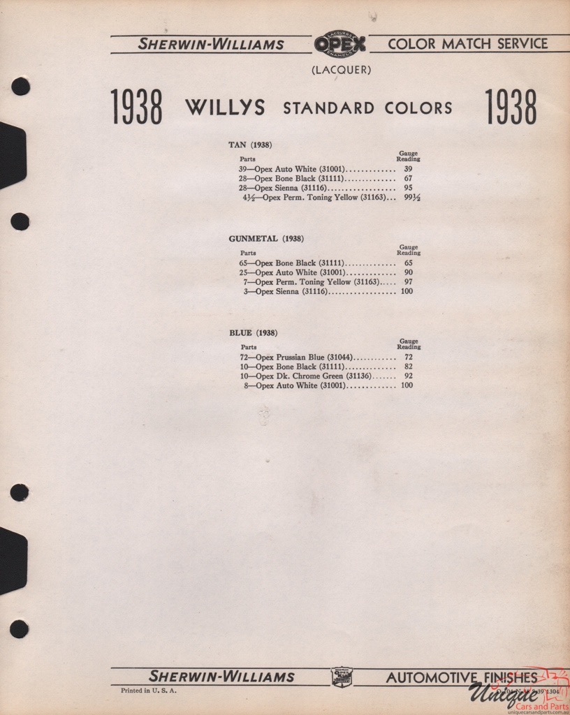 1938 Willys Paint Charts Williams 2
